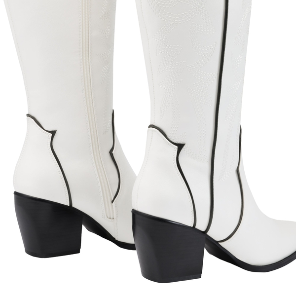 Dallas Embroidered Western Cowboy Knee High Boots - WHITE PU - 4